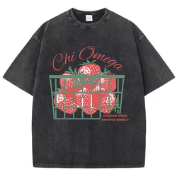 Strawberries Cotton Washed T-Shirt Womens Fresh Fruit Printing T Shirts O-Neck Oversized Acid Wash Tops Casual Womans Streetwear