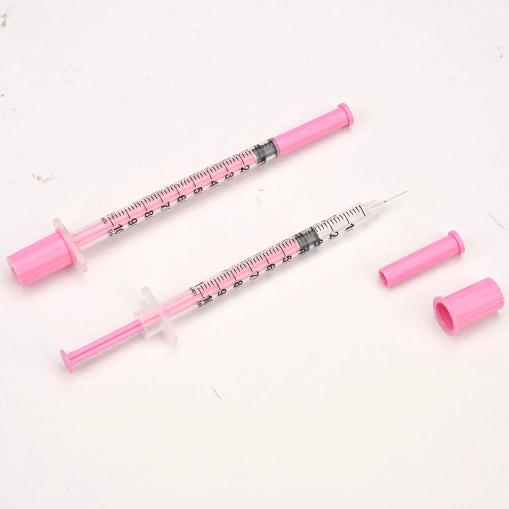 100pcs 1ml/cc 31G 8mm Plastic Manual Sterile Insulin Syringe Pink Cap with 5/16" Needle Individual