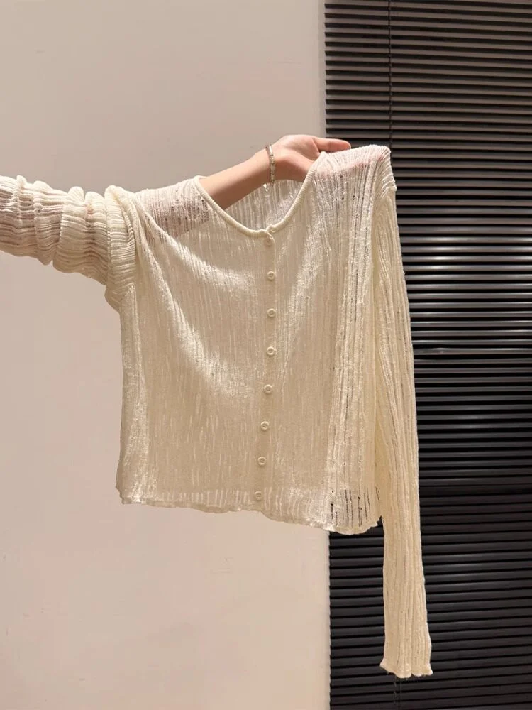Вязаный кардиган с длинными рукавами, женская летняя футболка 2026, тонкая кофта на пуговицах с круглым вырезом, свободный слегка прозрачный топ