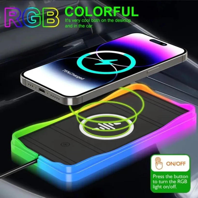 

Автомобильное беспроводное зарядное устройство мощностью 30 Вт, подставка для телефона, нескользящая подсветка ВКЛ/ВЫКЛ, RGB-подсветка для iPhone 16-12, Samsung, Xiaomi AirPods 4 Pro 2, быстрая зарядка
