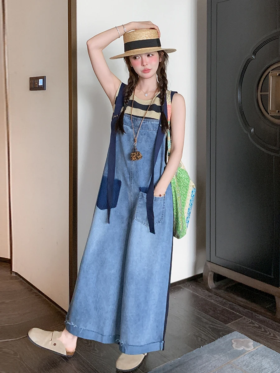 

Women's Casual Summer Denim Overalls High Waist Nine-Piece Pants Loose Wide Leg Two-Sided Wear Workwear Faionable Onesie