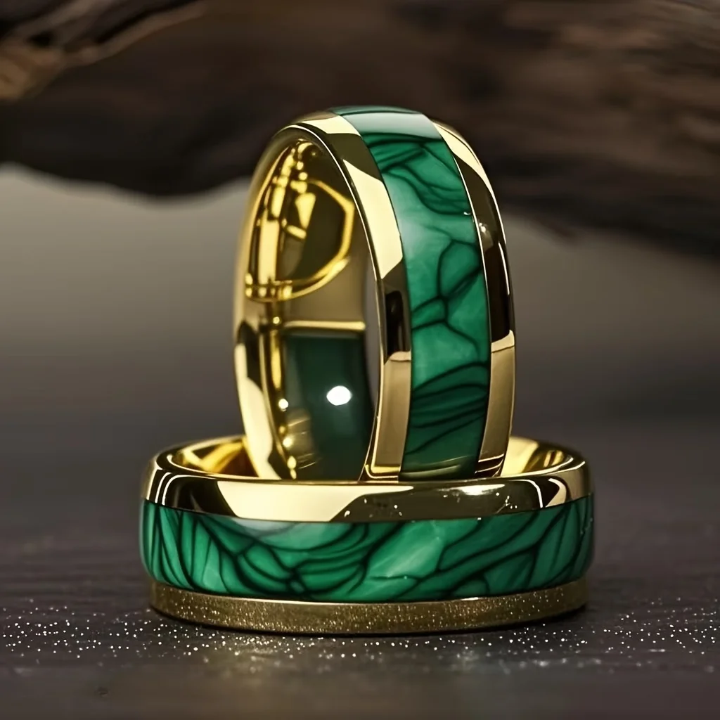 Fashion 8MM Men Domed Green Abalone Shell Inlay Stainless Steel Rings Gold Color Steel Rings For Wedding Engagement Jewelry Gift