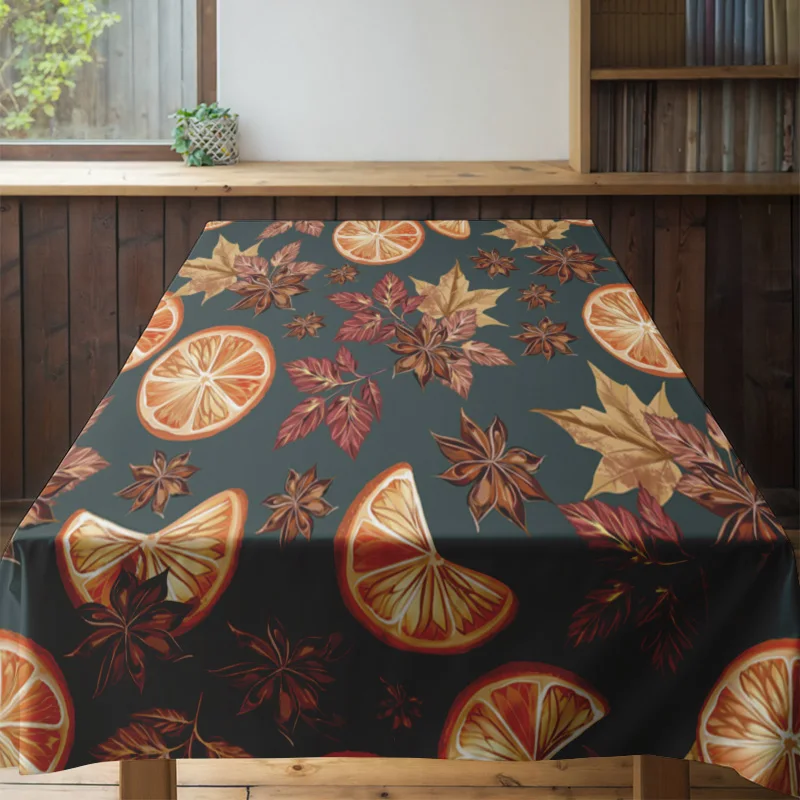 Autumn Leaves Tablecloth Orange Slices Floral Design Green Fabric Restaurant Dining Decorative Cover for Home