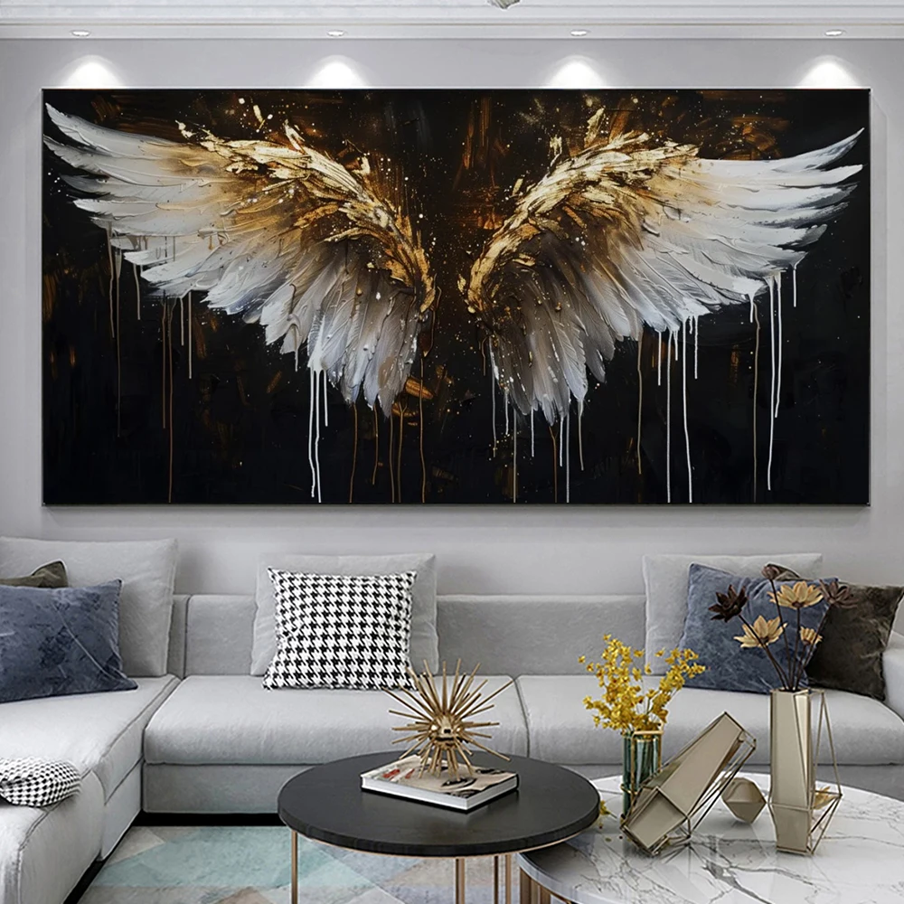 Large Frameless Canvas Wall Art,Abstract Luxury Golden Angel Wings Canvas Painting Colorful Feather Wings 3d Texture Canvas Pain