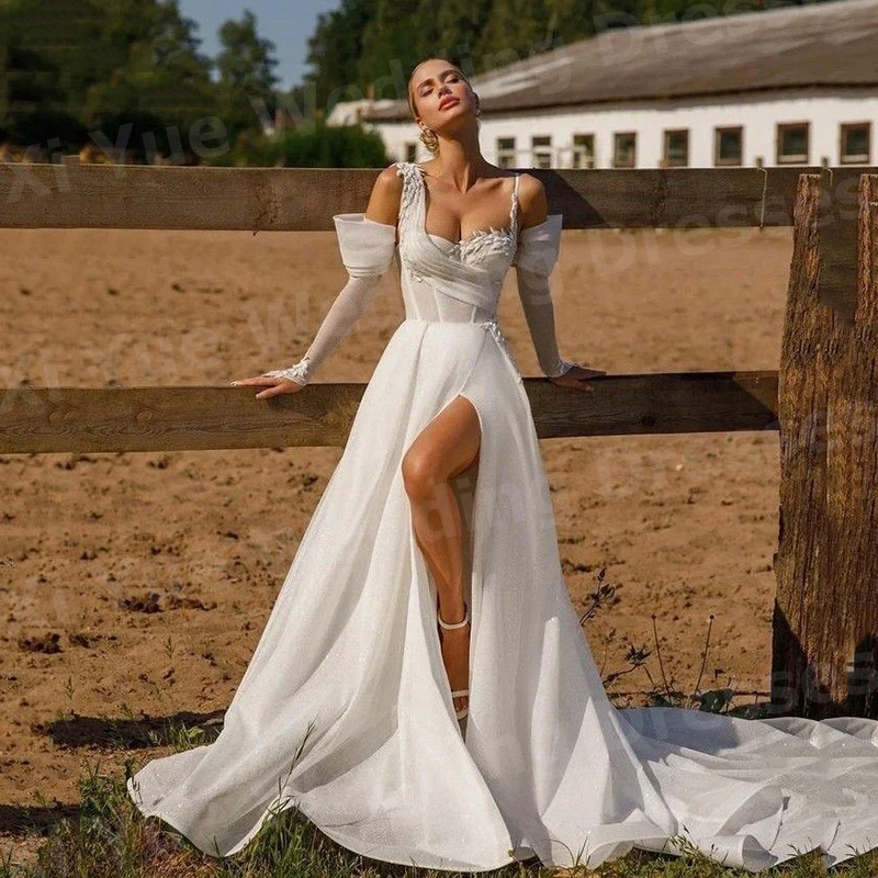 Simples uma linha vestidos de casamento feminino apliques vestidos de novias de boda vestidos de noiva personalizado manga longa fenda lateral