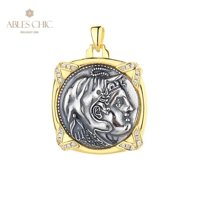 Ables Chic Alexander the Great Elephant Helmet Silver Coins Charm Solid 925 Silver Roman Coin Pendant Only N1077