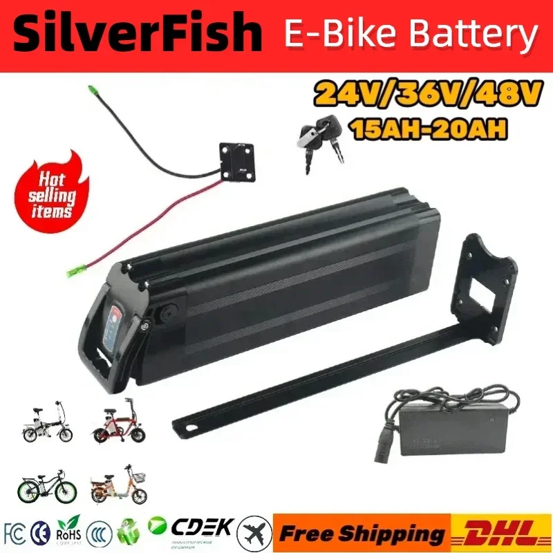 

Original 36V/48V E-bike SilverFish battery Large Capacity 15Ah-20Ah 18650 li-ion Battery Pack Built in BMS equipped with charger