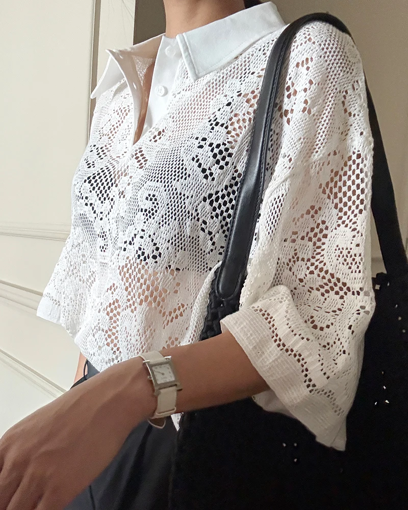 

Kimotimo Vintage Hollow Hook Flower Lace Shirt Women 2025 Summer Lapel Short Sleeve Design Tops Elegant Fashion Versatile Blouse
