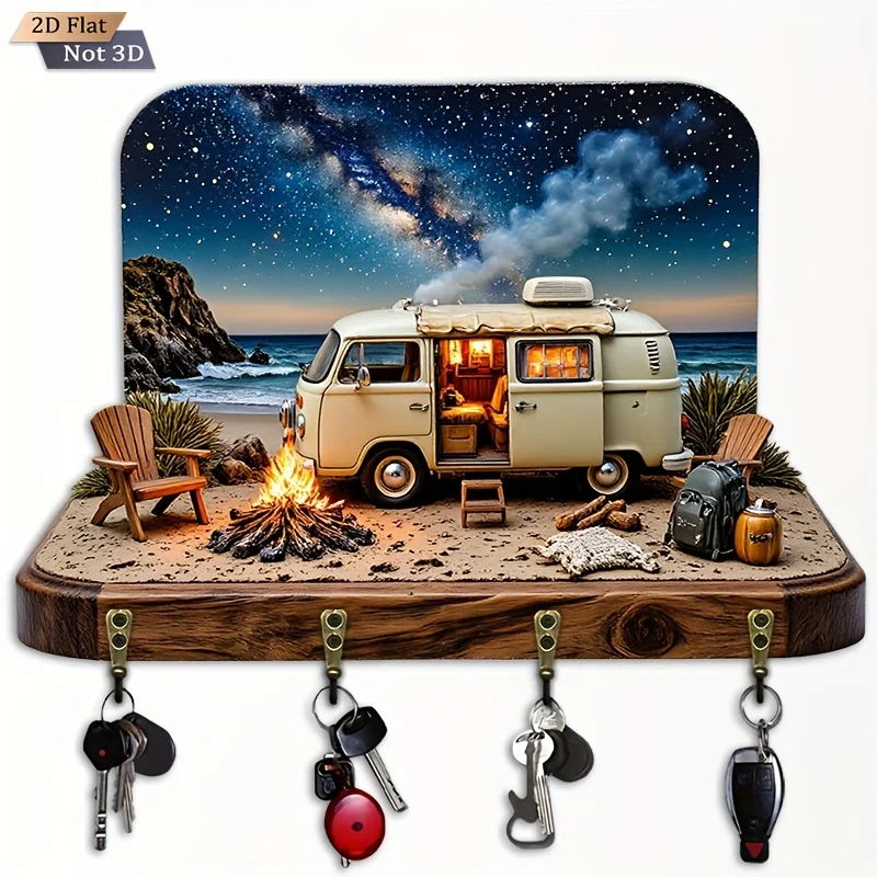 2D Flat. 1pc. Milky Way Camper Van Key Hook - Wooden Multi-functional Decorative Key Rack, with four metal hooks, Wall Decor,