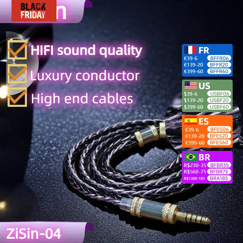 ZiSin-04 8-Core Five Element+Single Crystal Silver Palladium Plated Earphone Upgrade Cable With 4.4mm IE900 2PIN  For M5 Olina