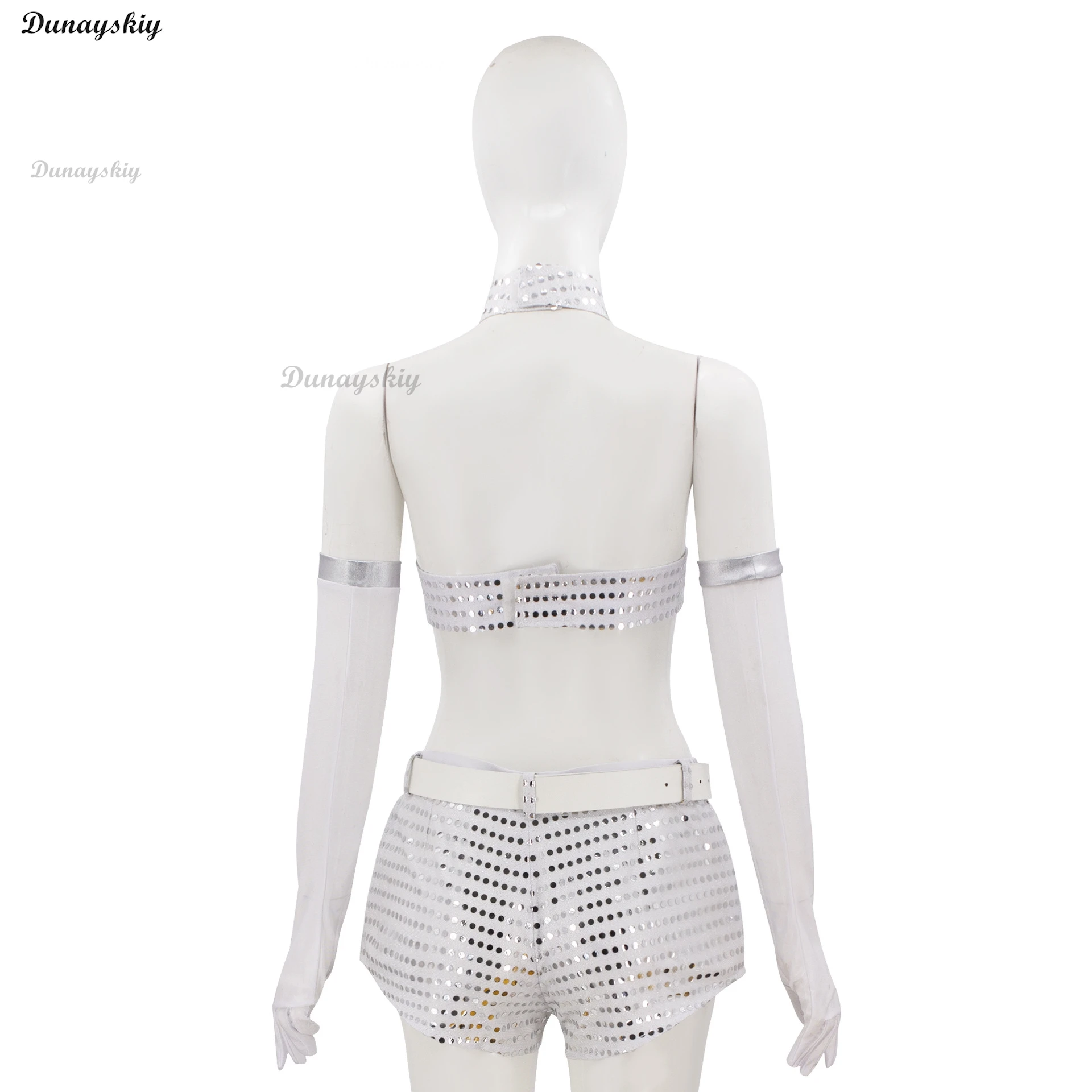 Movie Austin Powers Cosplay Woman Robot Costume Sexy Sliver Top Bra Shorts Suit Stage Performance Outfit Halloween Customized