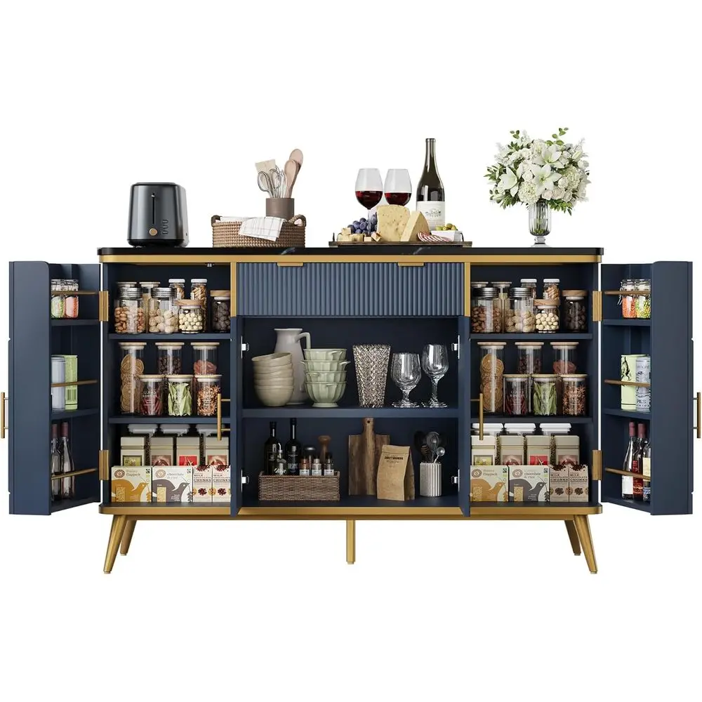 

Navy Blue 54 Storage Buffet Cabinet with Wine Rack and Adjustable Shelves for Kitchen, Dining, or Living Room