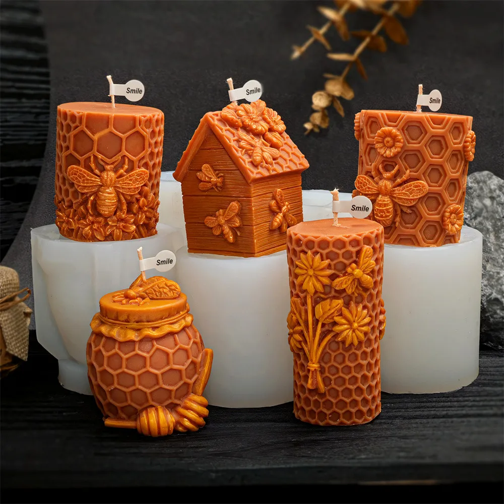 1pc Embossed Honeycomb Bee Silicone Candle Mold,3D Relief Honey Jar Beehive House Floral Pillar Mold Candle Soap Resin DIY Craft