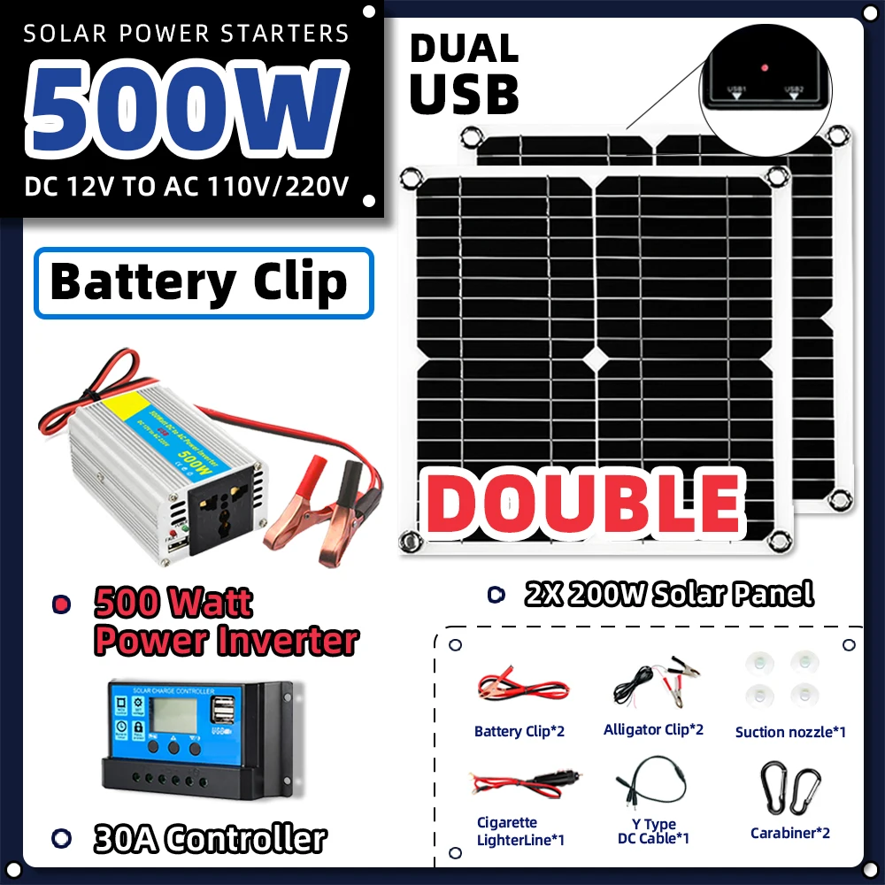 Kit Solar Battery Clip Mono Solar Panel 12v 300w 500w Inverter 30a Controller Solar System For Home Complete Kit Camping Solar