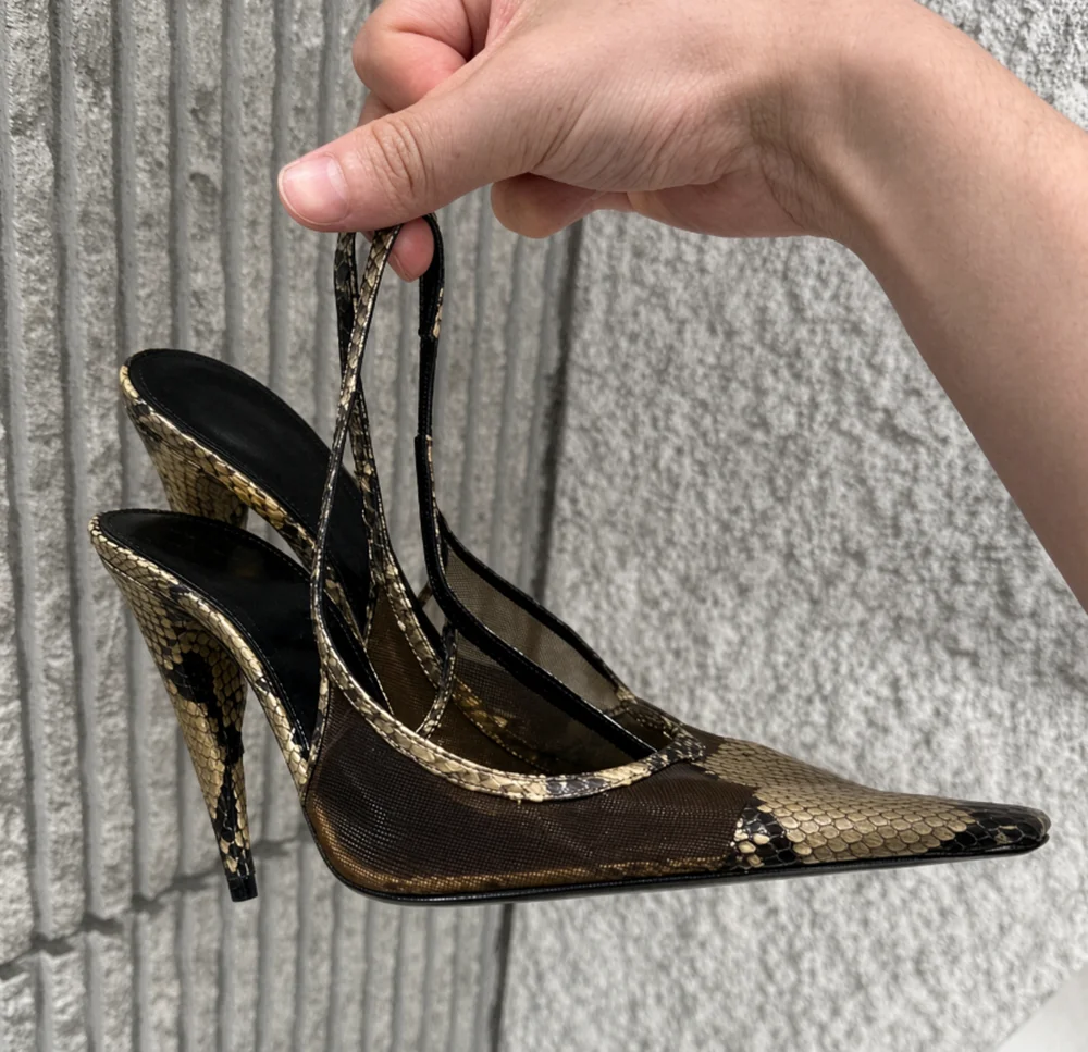 Elegant Snake Print Mesh Slingback Pumps Square Toe Mesh Upper Snake Skin Patchwork Stiletto Heel Fashion Women's Sandals