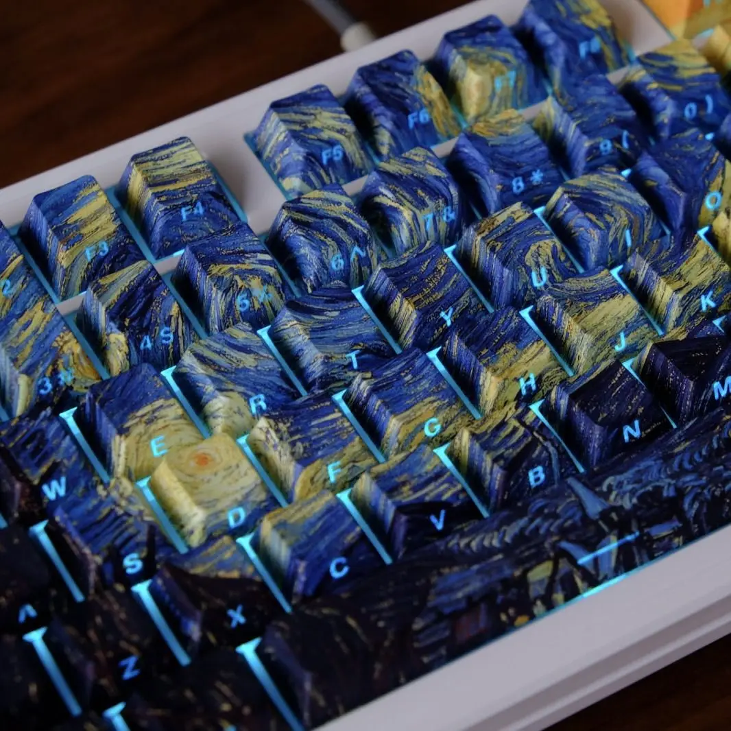 

Side engraved light Van Gogh starry sky keycap Original height pbt thermal sublimation 61.68.75.87 98.104.108