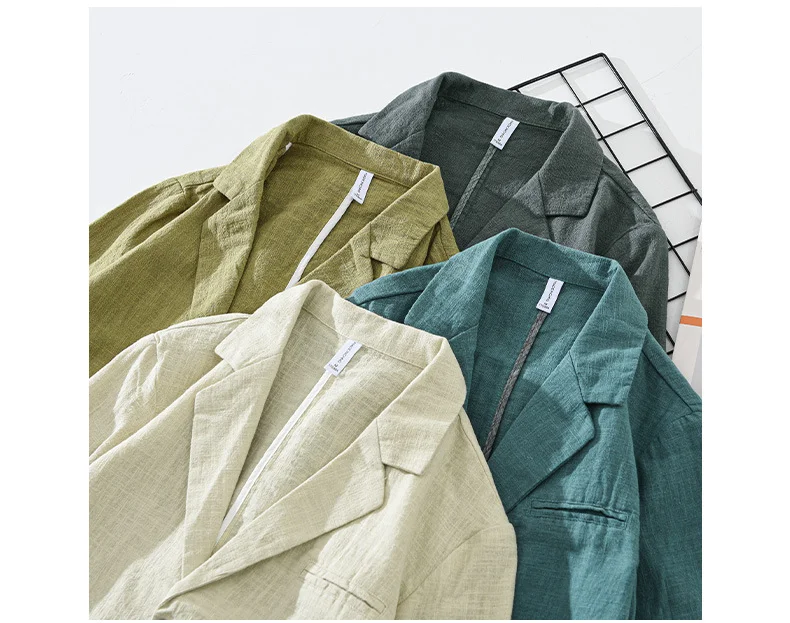 2024 New Cotton Linen Men\'s Blazer Spring Summer Daily Casual Blazers Loose Green Suit Jackets Japanese Retro Youth Male Suit