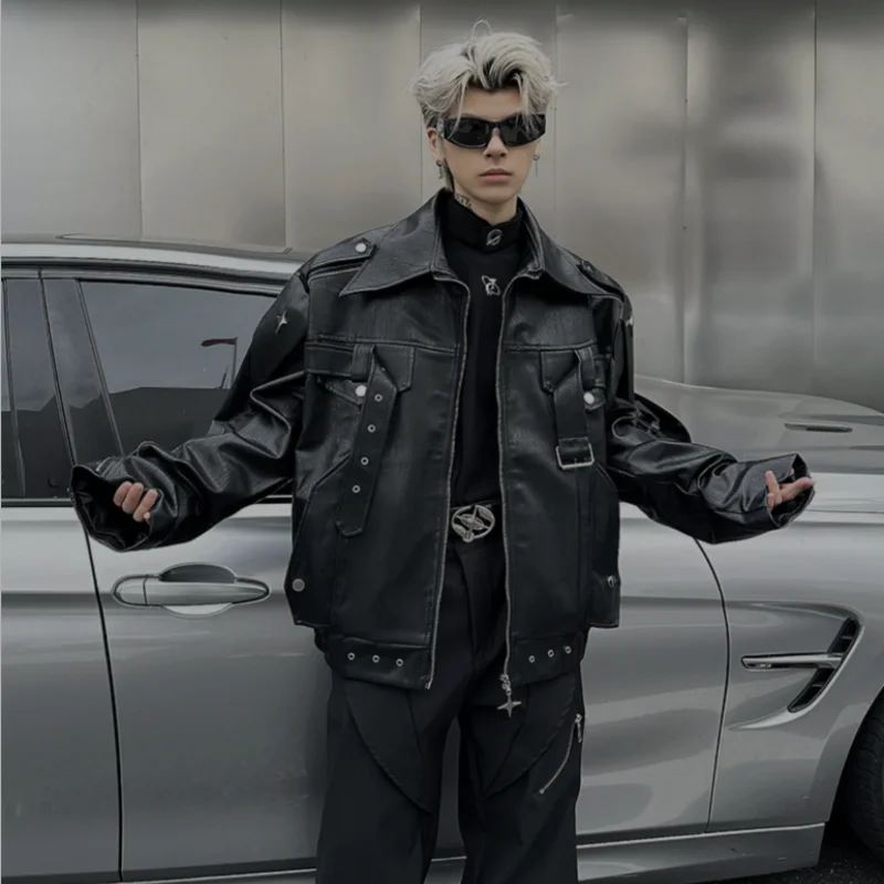 American style niche deconstructed PU leather jacket for men, autumn trendy style, loose design, rugged and cool, motorcycle jac