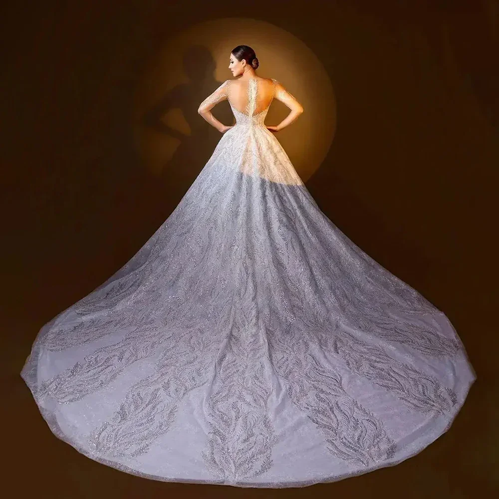 CustomizedLuxury Sheer v คอชุดแต่งงาน Sparkly แขนสั้นรัดตัวดูไบ A-Line เจ้าหญิงชุดเจ้าสาว Vestido De Novia