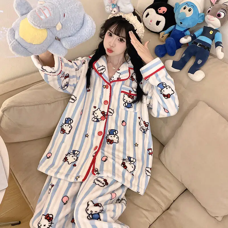 Cartoon Hello Kiity Pajamas Female Coral Fleece Cute Thicken Autumn Winter Warm Kawaii Flannel Soft Comfortable Lounge Clothes