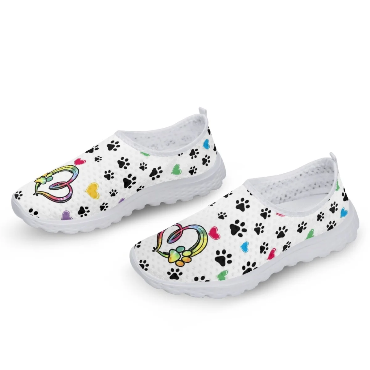 INSTANTARTS Colorful Dog Paw Print Love Ladies Cute Summer Outdoor Sneakers Casual Comfortable Flats Niche Mesh Walking Shoes