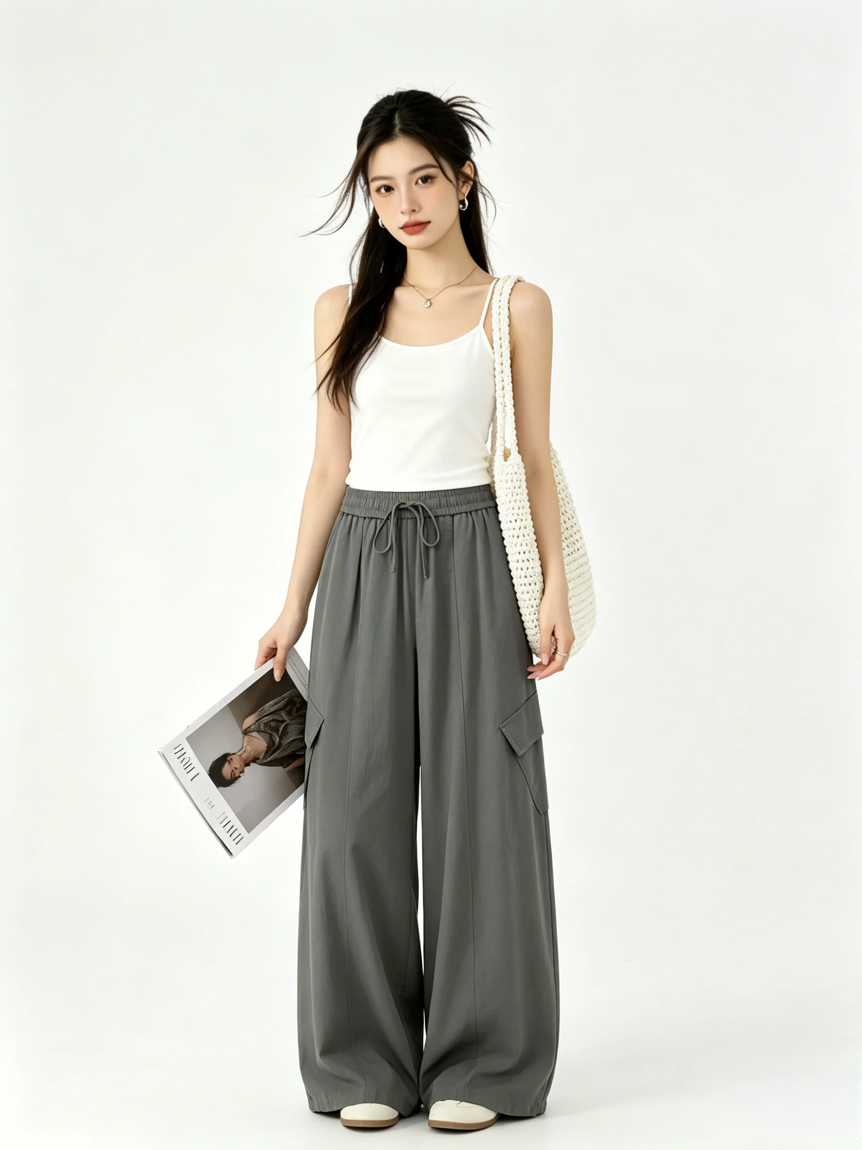 Casual Skin-friendly Deep Grey Loose Elastic Waist Wide Leg Pants Draping Workwear Trousers Slimming Long Summer Pants