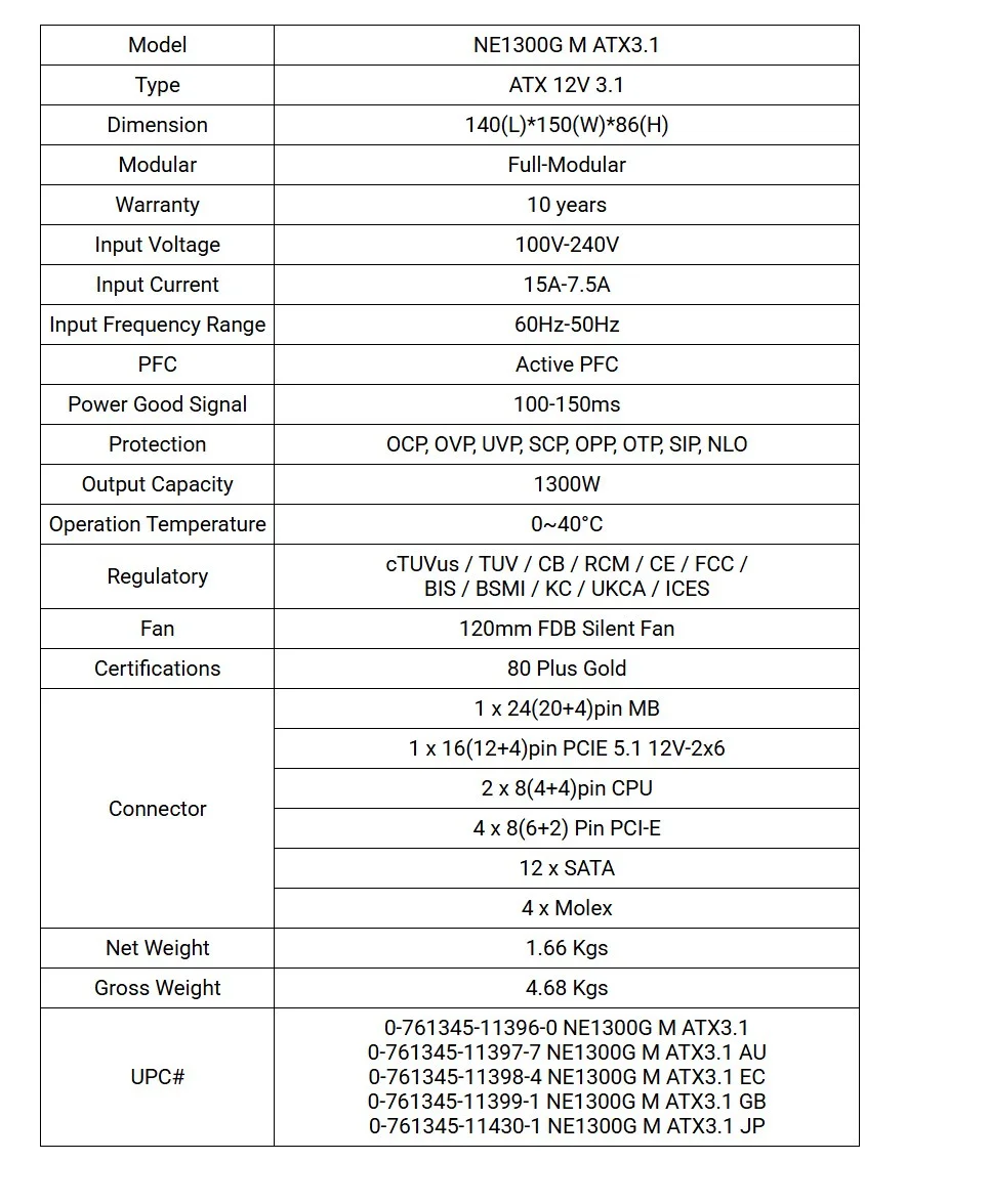 NE1300G M ATX 3.1 풀 모듈식 게이밍 ATX 1300W