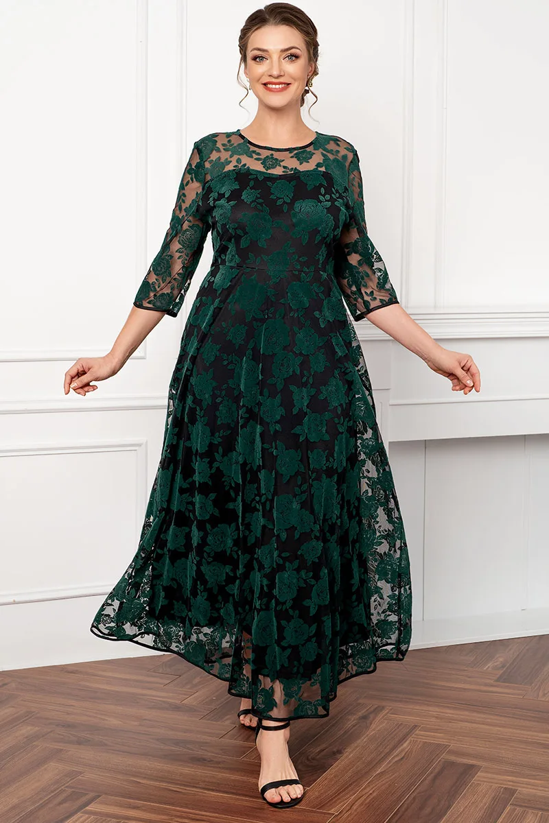 Kobiety Plus Size sukienka matka panny młodej zielona róża flokująca siatka dwuwarstwowa tunika eleganckie wieczorowe sukienki Maxi z półrękawem