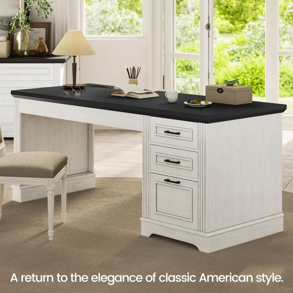 مكتب تنفيذي مقاس 55 بوصة من Farmhouse، مكتب كمبيوتر مع أدراج تخزين ومخرج طاقة، مكتب منزلي، محطة عمل للمكتب المنزلي