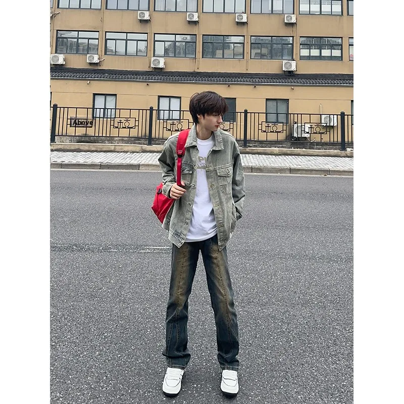 

Темно-синие джинсы-колокольчики, мужские джинсы в американском стиле ретро Sle для подростков, узкие прямые джинсовые брюки High Street