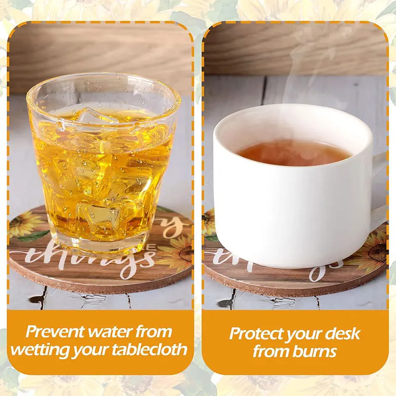 6 Pcs Vintage Sunflower Drink Coasters with Holder Absorbent Wood Drink Coaster Thank You Gifts for Christmas Home Decoration