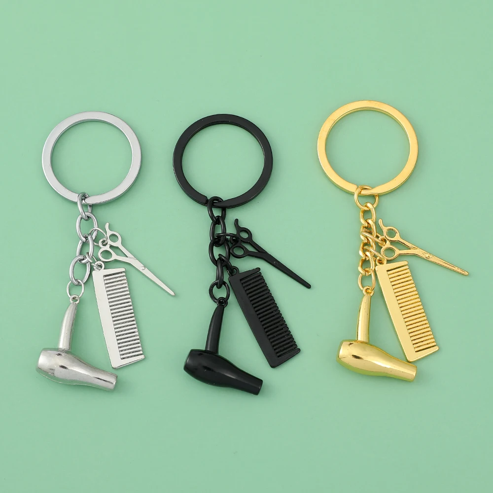 Mini Hair Dryer Scissor Comb Keychain Hairstylist Keyring Hairdressing Salon Creative Gift for Men Car Backpack Pendant Accessor