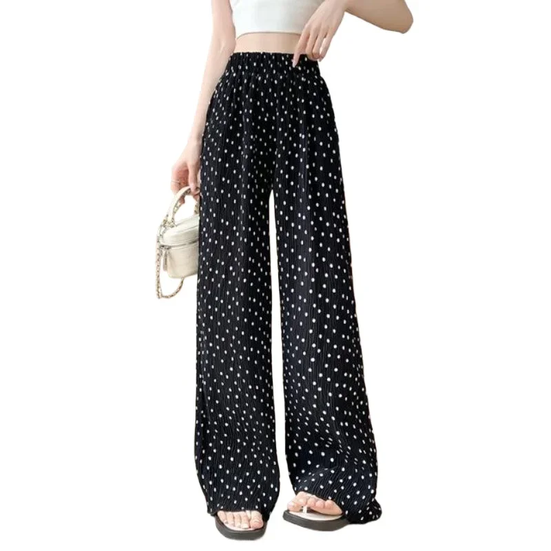Thin High Waist Vertical Slacks Loose Ice Silk Mopping Pants Streetwear Women Polka Dot Pleated Wide-leg Pants Female XT768