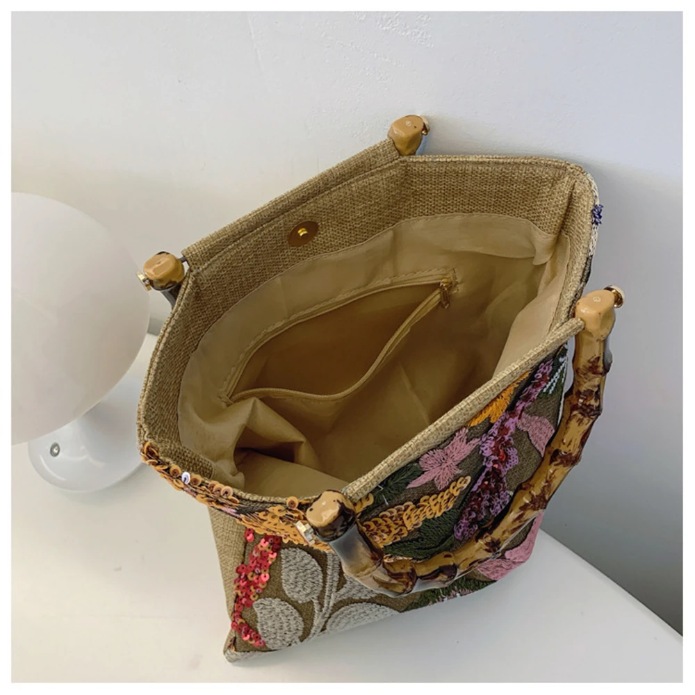 Bamboo Handle Embroidery Shopping Bag Retro Ladies Lace Weaving Tote Colorful Sequins Cotton Linen Woven Handbag with Inner Bags