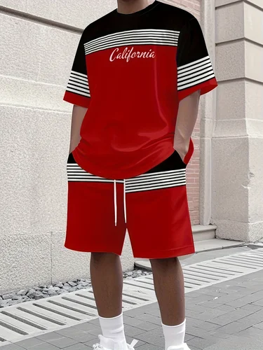 Imagen 2 del producto Conjunto de camiseta y pantalones cortos con cuello redondo para hombre, transpirable y cómodo, con estampado de rayas, conjunto de dos piezas para exteriores, verano