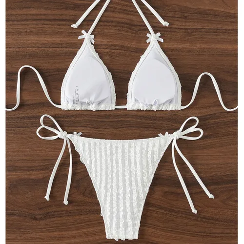 Imagen 2 del producto Bikinis sexis con lazo blanco, trajes de baño para mujer, traje de baño Push Up para mujer, ropa de baño para playa, trajes de baño, conjunto de Bikini brasileño, bañista para piscina