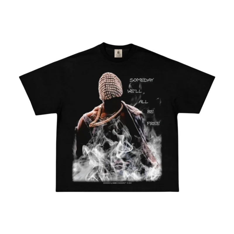 Cotton Yeezy Kanye Cross-border Collaboration Heavy Duty Hooded Printing Men's Loose-fit oversize Short Sleeve T-shirt Trendy