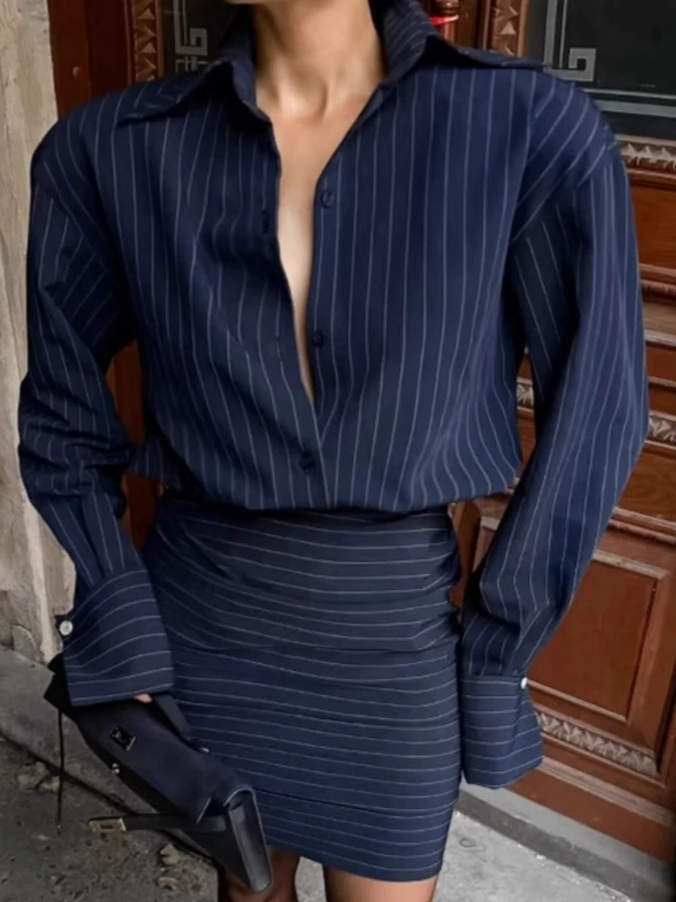 Bangniweigou Gestreiftes Langarm-Hemdkleid für Damen, elegantes, marineblaues Etuikleid für Pendler