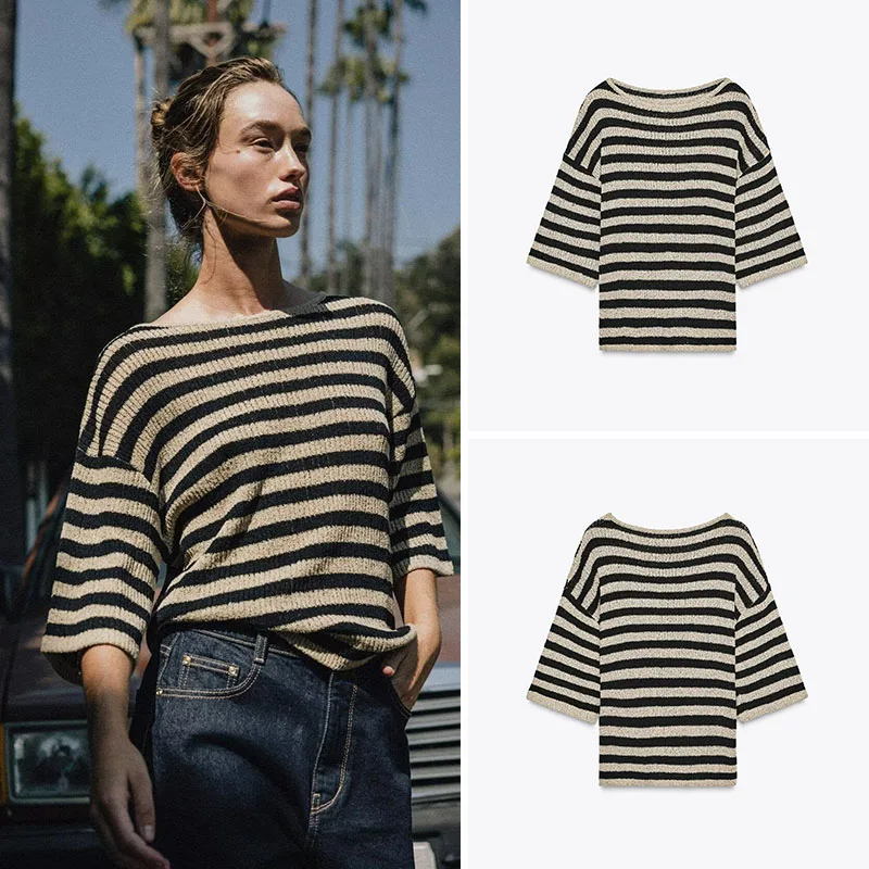 신상 여성용 라운드 넥 롱 슬리브 스트레이트 컷 레이어드 니트 탑 캐주얼 슬리브 가을 컬렉션 패셔너블 소녀용 스트라이프...