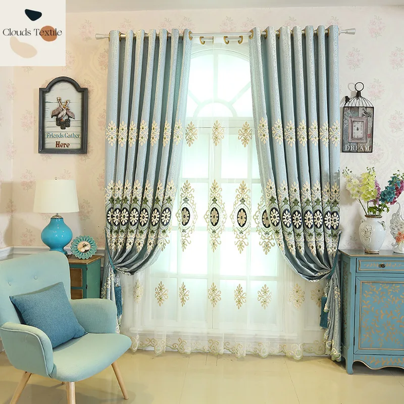 

European Embroidery Curtains for Living Dining Room Bedroom Customized Simple Jacquard Semi Shading Finished Floor Screen