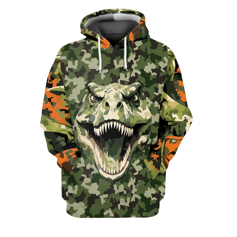 Cool Camouflage Dinosaur Printed Hoodie Men's Clothing Harajuku Street Hooded Coat 3D Pattern Novel Trendy 2025 New Sweatshirt