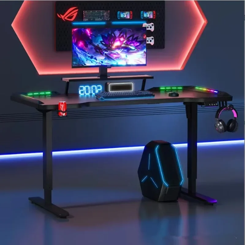 cheap electric RGB PC gaming workstation desk with cup holder and headphone hook black ergonomic home office