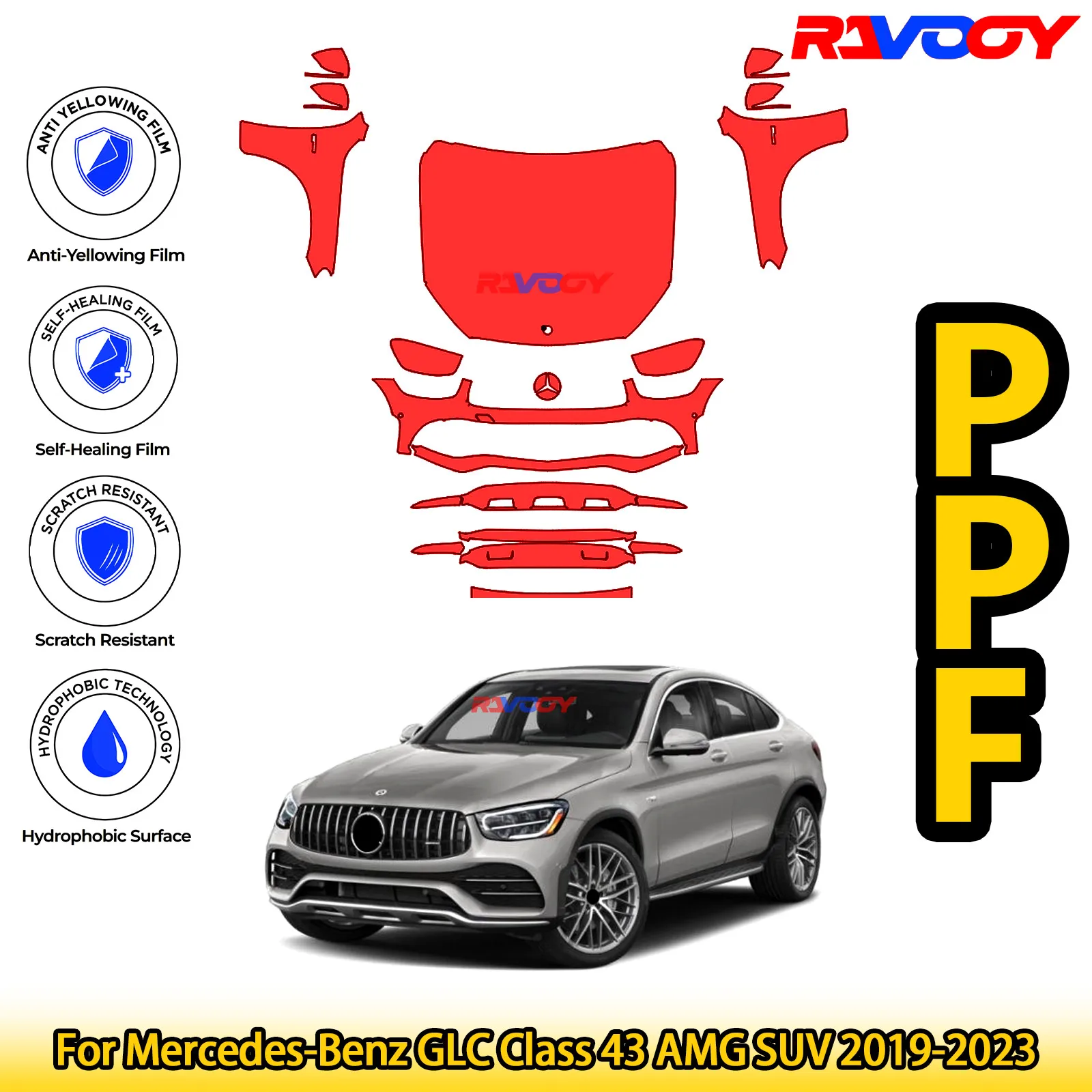 

Для Mercedes-Benz GLC Class 43 AMG SUV 2019-2023, глянцевая матовая черная предварительно вырезанная передняя пленка PPF, комплект защиты от краски
