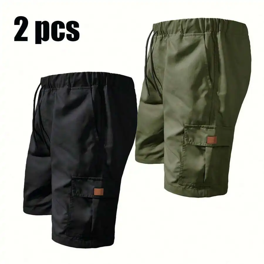 

Men’s Elastic Waist Cargo Shorts With Drawstring, 2-Pack Casual Summer Short Pants