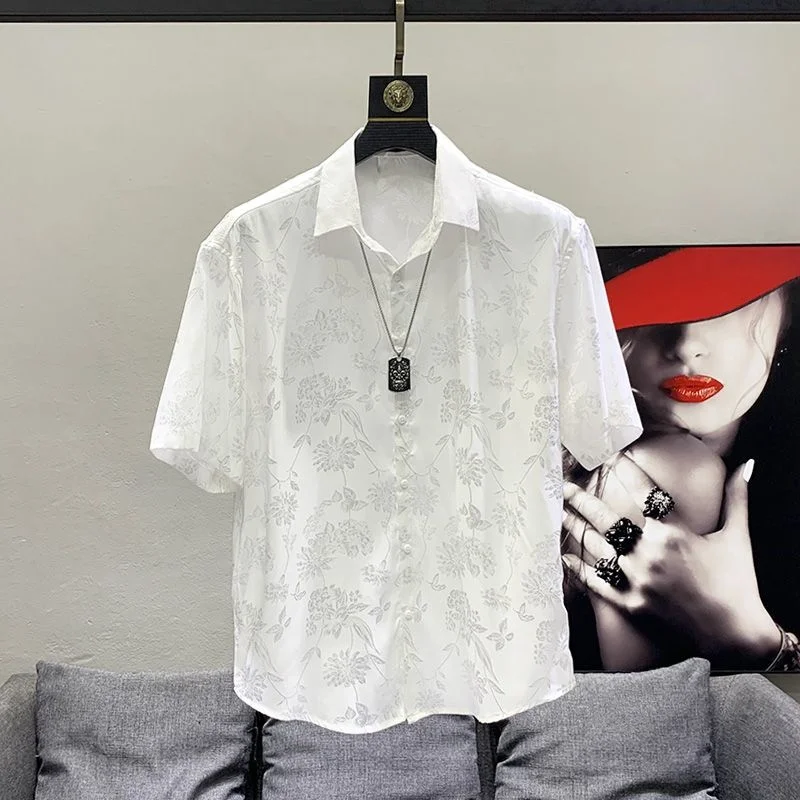 Summer New High Grade Short Flower Loose Top Trendy Half Sleeve Shirt Men's ropa clothing shirts for men