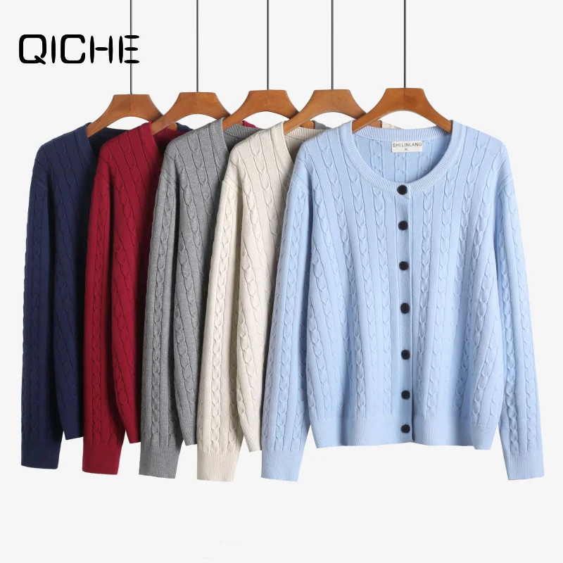 QICHE 2026 Autumn Winter Women Plus Size Vintage Commuter Knit Cardigan Coat Casual Layering Sweater