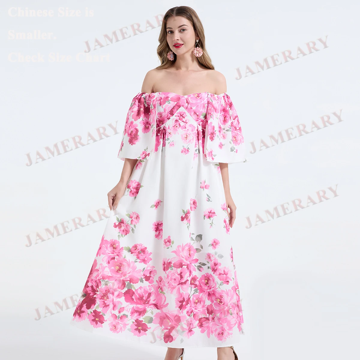 

Элегантное летнее платье в стиле бохо с открытыми плечами, цветочным принтом, полурукавами и вырезом-лодочкой, длинное, сексуальное, для отпуска