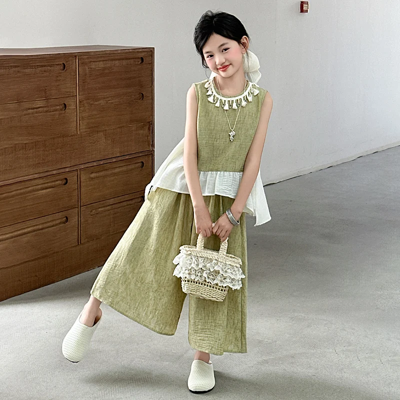 5-12Yrs school girl princess set green summer cotton and linen splicing set sleeveless shirt cool wide leg pants two-piece set