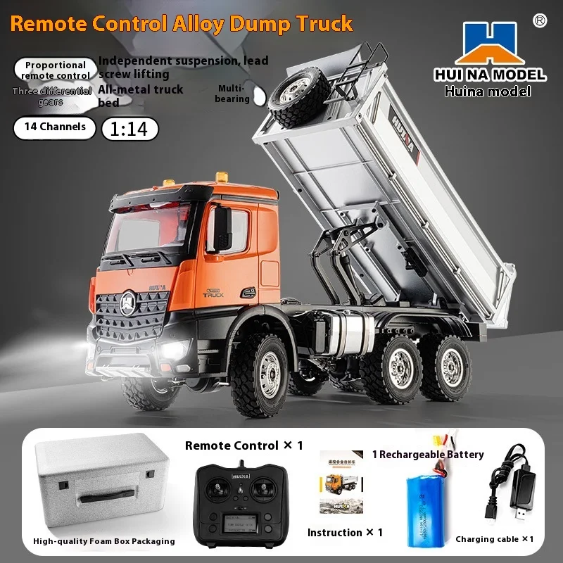 Hinin 1:14 Scale Remote Control Alloy Dump Truck Toy With Fourteen Channels Lighting Engineering Transport Vehicle