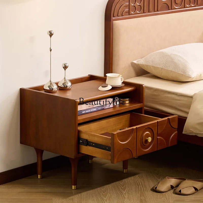 طاولة بجانب السرير مصنوعة من خشب البقس في العصور الوسطى مصنوعة من الخشب الصلب لغرفة النوم وخزانة جانبية للتخزين #4